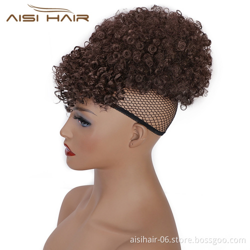 Aisi Hair Afro Puff Ponytail With Bangs Short Kinky Curly Hair Bun Clip In On Wrap Drawstring Updo Hair Extensions For Women
